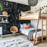 ai gerado na moda crianças quarto com uma Preto e branco papel de parede sotaque parede, uma de madeira beliche cama foto