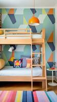 ai gerado uma brincalhão crianças quarto com uma colorida papel de parede sotaque parede, uma de madeira beliche cama com uma escada foto