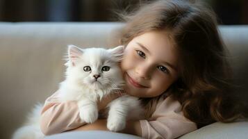 ai gerado jovem menina segurando uma fofo branco gatinho dentro dela braços, ambos olhando conteúdo e feliz foto