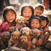 ai gerado grupo do crianças jogando com uma lixo do adorável cachorros, todos do eles sorrindo a partir de orelha para orelha foto