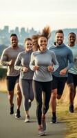 ai gerado uma grupo do amigos corrida juntos ao ar livre, com sorrisos em seus rostos e uma cênico fundo foto