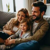 ai gerado uma família, Incluindo uma brincalhão criança pequena, sentado em uma acolhedor sofá e desfrutando uma crianças desenho animado em televisão foto