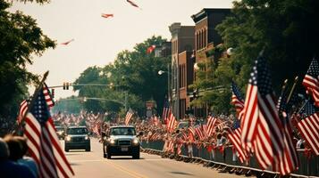 ai gerado uma animado tiro do uma parada com marcha bandas, flutua, e espectadores acenando americano bandeiras foto