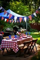 ai gerado uma Diversão e casual foto do uma família churrasco com americano bandeiras e estamenha decoração a quintal