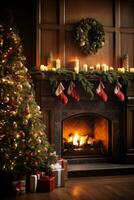 ai gerado uma caloroso e acolhedor Natal cena com uma lareira, decorado com guirlandas e meias foto
