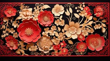 ai gerado uma vibrante chinês Novo ano cumprimento cartão adornado com intrincado dourado padrões foto