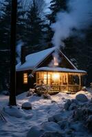 ai gerado uma coberto de neve cabine aninhado dentro a madeiras com fumaça ondulante a partir de a chaminé foto