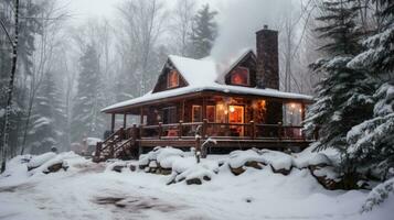 ai gerado uma coberto de neve cabine aninhado dentro a madeiras com fumaça ondulante a partir de a chaminé foto