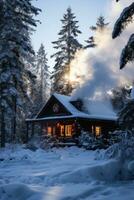 ai gerado uma coberto de neve cabine aninhado dentro a madeiras com fumaça ondulante a partir de a chaminé foto