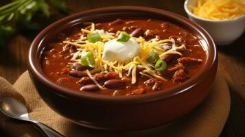 ai gerado uma picante e saboroso Pimenta sopa com concurso pedaços do carne bovina, feijões, e uma borrifar do Grato queijo foto