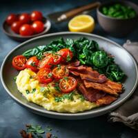 ai gerado uma prato do mexidos ovos com crocantes bacon, assado cereja tomates foto