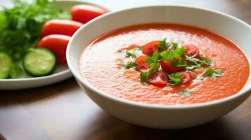 ai gerado luz e refrescante Gaspacho sopa com brilhante vermelho tomates, fresco pepinos, e do Oliva óleo foto