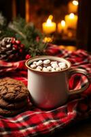 ai gerado uma acolhedor Natal cena com uma xadrez cobertor, uma caneca do quente cacau, e uma prato do Natal biscoitos foto