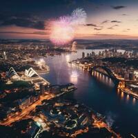 ai gerado uma tirar o fôlego aéreo tiro do fogos de artifício explodindo sobre uma cidade ou panorama foto