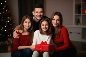 ai gerado feliz família com alegre Natal Magia presente perto árvore às tarde às casa foto