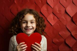 ai gerado retrato do uma fofa pequeno menina com vermelho coração em dia dos namorados dia conceito. foto