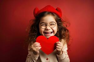 ai gerado retrato do uma fofa pequeno menina com vermelho coração em dia dos namorados dia conceito. foto