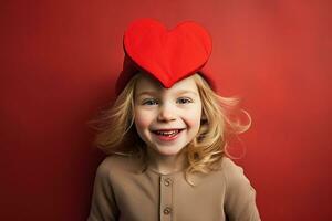 ai gerado retrato do uma fofa pequeno menina com vermelho coração em dia dos namorados dia conceito. foto