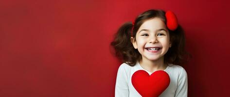 ai gerado retrato do uma fofa pequeno menina com vermelho coração em dia dos namorados dia conceito. foto