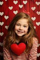ai gerado retrato do uma fofa pequeno menina com vermelho coração em dia dos namorados dia conceito. foto