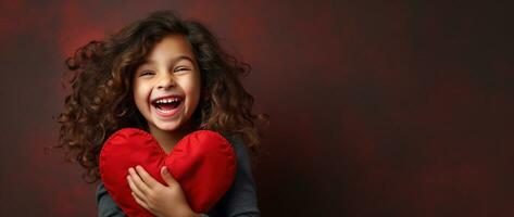 ai gerado retrato do uma fofa pequeno menina com vermelho coração em dia dos namorados dia conceito. foto