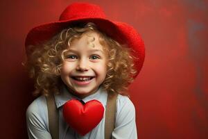 ai gerado retrato do uma fofa pequeno menina com vermelho coração em dia dos namorados dia conceito. foto