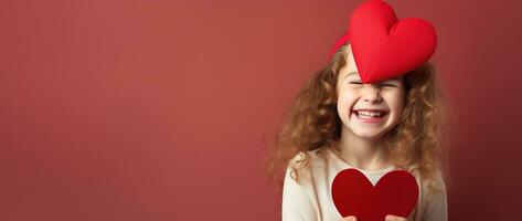 ai gerado retrato do uma fofa pequeno menina com vermelho coração em dia dos namorados dia conceito. foto