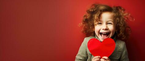 ai gerado retrato do uma fofa pequeno menina com vermelho coração em dia dos namorados dia conceito. foto