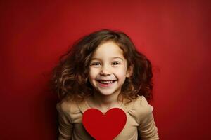 ai gerado retrato do uma fofa pequeno menina com vermelho coração em dia dos namorados dia conceito. foto