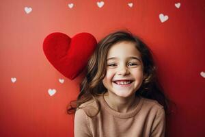 ai gerado retrato do uma fofa pequeno menina com vermelho coração em dia dos namorados dia conceito. foto