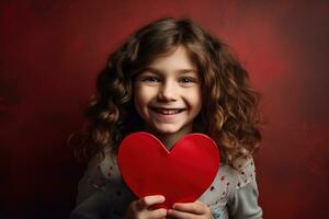 ai gerado retrato do uma fofa pequeno menina com vermelho coração em dia dos namorados dia conceito. foto