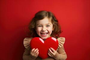 ai gerado retrato do uma fofa pequeno menina com vermelho coração em dia dos namorados dia conceito. foto