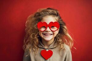 ai gerado retrato do uma fofa pequeno menina com vermelho coração em dia dos namorados dia conceito. foto