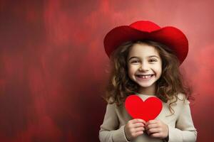 ai gerado retrato do uma fofa pequeno menina com vermelho coração em dia dos namorados dia conceito. foto