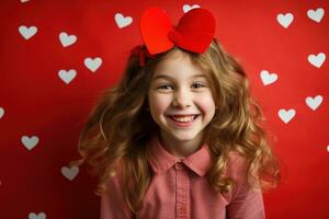 ai gerado retrato do uma fofa pequeno menina com vermelho coração em dia dos namorados dia conceito. foto