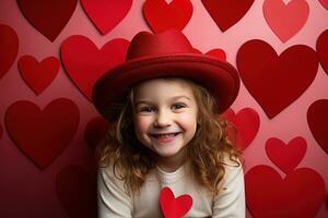 ai gerado retrato do uma fofa pequeno menina com vermelho coração em dia dos namorados dia conceito. foto