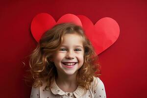 ai gerado retrato do uma fofa pequeno menina com vermelho coração em dia dos namorados dia conceito. foto