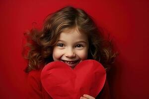 ai gerado retrato do uma fofa pequeno menina com vermelho coração em dia dos namorados dia conceito. foto