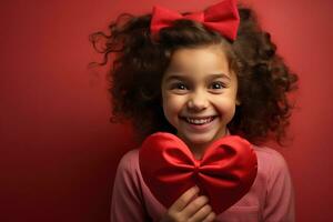 ai gerado retrato do uma fofa pequeno menina com vermelho coração em dia dos namorados dia conceito. foto