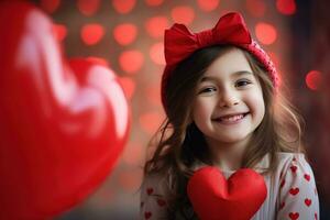 ai gerado retrato do uma fofa pequeno menina com vermelho coração em dia dos namorados dia conceito. foto