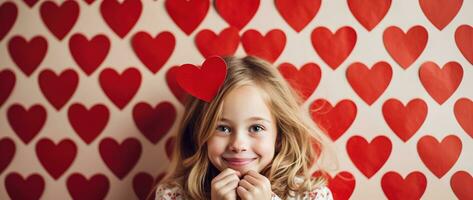 ai gerado retrato do uma fofa pequeno menina com vermelho coração em dia dos namorados dia conceito. foto