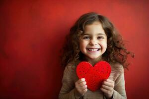 ai gerado retrato do uma fofa pequeno menina com vermelho coração em dia dos namorados dia conceito. foto
