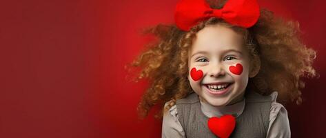 ai gerado retrato do uma fofa pequeno menina com vermelho coração em dia dos namorados dia conceito. foto