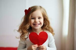 ai gerado retrato do uma fofa pequeno menina com vermelho coração em dia dos namorados dia conceito. foto