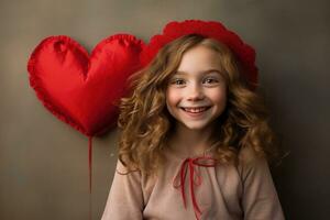 ai gerado retrato do uma fofa pequeno menina com vermelho coração em dia dos namorados dia conceito. foto