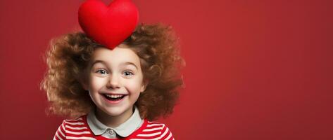 ai gerado retrato do uma fofa pequeno menina com vermelho coração em dia dos namorados dia conceito. foto