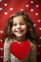 ai gerado retrato do uma fofa pequeno menina com vermelho coração em dia dos namorados dia conceito. foto