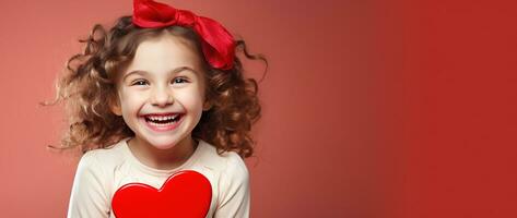 ai gerado retrato do uma fofa pequeno menina com vermelho coração em dia dos namorados dia conceito. foto