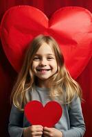 ai gerado retrato do uma fofa pequeno menina com vermelho coração em dia dos namorados dia conceito. foto