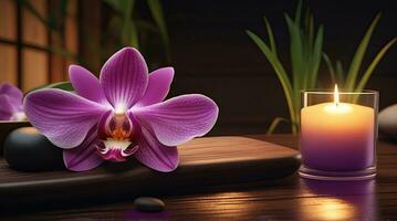 ai gerado spa tratamento aroma terapia com velas, pedras e flores para relaxar bem-estar. foto